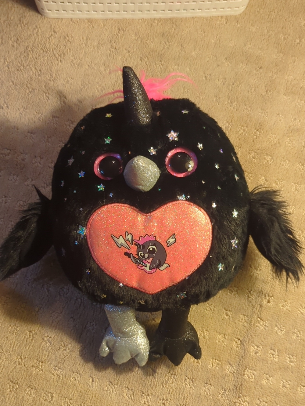 Black Sparkle Plush Bird with Pink Heart Patch Rainbowcorn Monstercorn